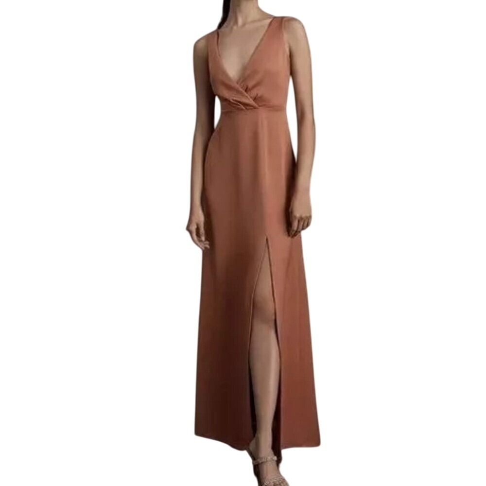 BHLDN Anthropologie Copper Sienna Satin V-neck Maxi Dress 12 Formal‎ Bridesmaid